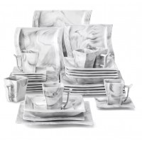 Ensemble de vaisselle 30 pièces en porcelaine effet marbre gris, service complet 6 personnes assiettes, tasses et soucoupes