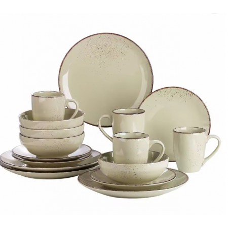 Zestaw 16 sztuk beżowych kamionek, talerzy, misek i eleganckie kubki ceramiczne