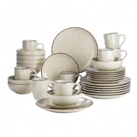 Set van 32 stukjes beige steengoed, borden, kommen en elegante keramische cups