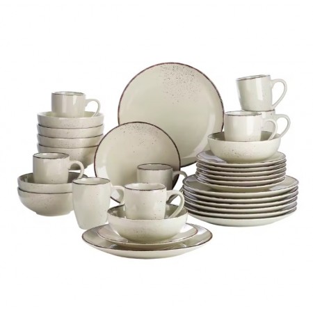 Set van 32 stukjes beige steengoed, borden, kommen en elegante keramische cups