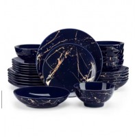 Ensemble vaisselle 24 pièces en porcelaine glaçure dorée 6 personnes, assiettes et bols