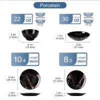 Ensemble vaisselle 24 pièces en porcelaine glaçure dorée 6 personnes, assiettes et bols