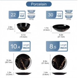 Ensemble vaisselle 24 pièces en porcelaine glaçure dorée 6 personnes, assiettes et bols