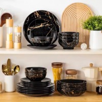 Puertas de plato de 24 piezas de China Golden vidriado 6 personas, placas y cuencos