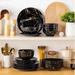 Puertas de plato de 24 piezas de China Golden vidriado 6 personas, placas y cuencos