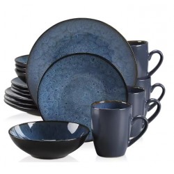 Vintage Blue Ceramic Plates Service da tavolo 16 pezzi in arenaria per 4 persone (appartamento, dessert, ciotole, tazze)