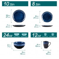 Service de vaisselle 16 pièces bleu et noir étoilé, assiettes, bols et tasses pour 4 Personnes