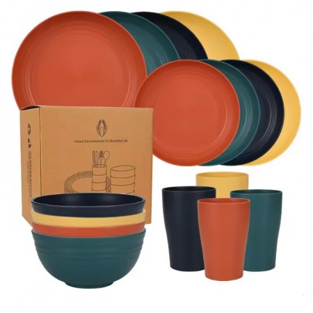 16-piece Natural Ecological Wheat Straw Set 4 people for camping, travel and home