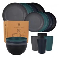 Conjunto de palha de trigo ecológico de 16 peças 4 pessoas para acampar, viagens e casa