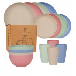Ensemble de vaisselle 16 pièces en paille de blé naturelle écologique 4 personnes pour camping, voyage et maison