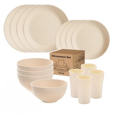 Conjunto de palha de trigo ecológico de 16 peças 4 pessoas para acampar, viagens e casa