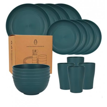 Conjunto de palha de trigo ecológico de 16 peças 4 pessoas para acampar, viagens e casa