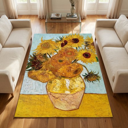 Tapis de sol artistique inspiré des Tournesols de Vincent van Gogh, art et élégance pour salon, chambre et bureau