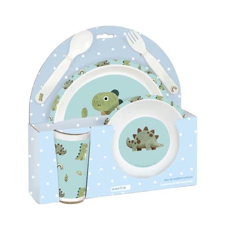 Kinderdinos PVC 5-kamer Dino Set (plaat, glas, lepel, vork)