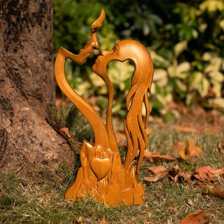 Sculpture en Bois Couple Amour Éternel Artisanal Fait Main 35 cm Décor Maison Romantique