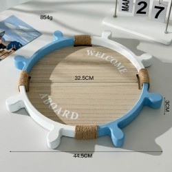 Conjunto de 2 bandejas decorativas leme barco leme de madeira decoração branca azul seaside