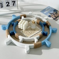 Set of 2 decorative trays Boat rudder wooden seascape blue white decoration seaside