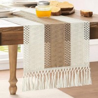 Cotton and brown white linen table path with knotted pompons – Chic country style