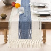 Chemin de table en coton et lin bleu clair avec pompons noués – Style campagne chic