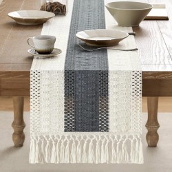 Gray and white cotton table path with knotted pompons – chic and natural country style