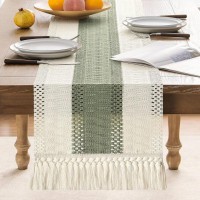 Chemin de table en coton et lin avec pompons noués – Vert clair et blanc – Style campagne