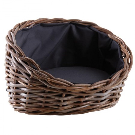 Panier pour chien ou chat en poêlet gris, coussin déhoussable garni ouate polyéther 100% coton