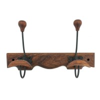 Wall pattern in acacia wood with 2 metal hooks, Rustic coat holder solid wood country style