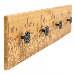 Patère en bois de pin avec 4 crochets métalliques et gravure de champs de fleurs