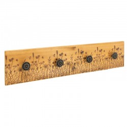 Patère en bois de pin avec 4 crochets métalliques et gravure de champs de fleurs