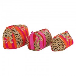 Set von 3 orangefarbenen Tiger- und rosa Baumwoll- und Nylon-Make-up-Kits, Kosmetik- und Reisekit