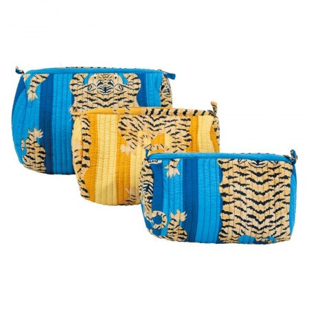 Set of 3 cotton and nylon make-up kits blue and yellow tiger pattern cosmetic and travel kit