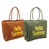 Sac de plage écolo "Hello Summer" en papier corde tressé 2 coloris, doublure polyester, poches zippées