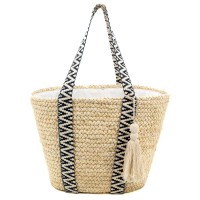 Graan en katoen Ecolo Beach Bag, tweekleurige schouderbanden, pompom en binnenzak