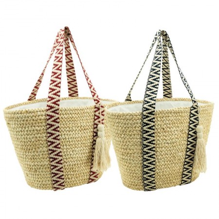 Green beach bag in corn and cotton, bicolor shoulder straps, pompon and inner pocket
