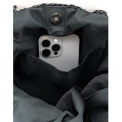 Sac de plage éco-responsable en papier tressé noir, doublé coton, poignées bambou, poche zippée