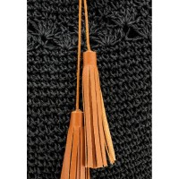 Sac de plage éco-responsable en papier tressé noir, doublé coton, poignées bambou, poche zippée