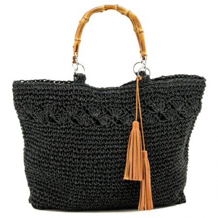 Eco-responsible beach bag in black braided paper, lined cotton, bamboo handles, zipped pocket