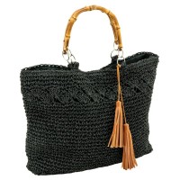 Eco-responsible beach bag in black braided paper, lined cotton, bamboo handles, zipped pocket