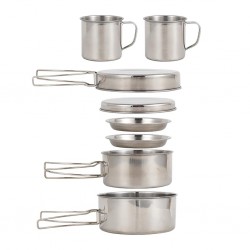 Batterie de cuisine camping 8 pièces en acier inoxydable casseroles, poêle, tasses et assiettes kit compact outdoor