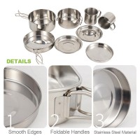 Bateria de cozinha científica 8 peças de aço inoxidável panelas, fogão, copos e placas Kit compacto ao ar livre