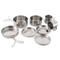 Camping kitchen battery 8 pieces stainless steel pans, pans, cups and plates compact outdoor kit