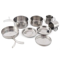 Batteria da cucina Camerica 8 pezzi Pentole in acciaio inox, stufa, tazze e piatti Kit compatto all'aperto