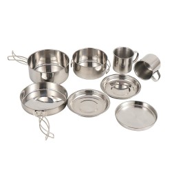 Cameric Kitchen Battery 8 Pieces Stainless Steel Pans, Stove, Cups and Plates Compact Kit Outdoor
