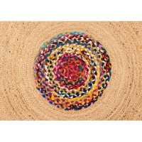 Tapete redondo de juta natural ø120 cm com franjas multicoloridas em algodão reciclado - decoração boêmia