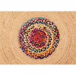 Natuurlijke jute ronde tapijt Ø120 cm met veelkleurige franjes in gerecycled katoen - Boheemse decoratie