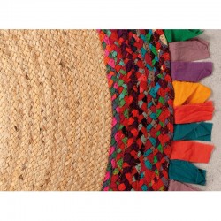 Tapis rond en jute naturelle Ø120 cm avec franges multicolores en coton recyclé – déco bohème