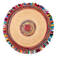 Tappeto rotondo naturale di iuta Ø120 cm con frange multicolori in cotone riciclato - decorazione bohémien