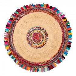 Alfombra redonda de yute natural Ø120 cm con flecos multicolores en algodón reciclado - decoración bohemia