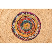 Tapis rond en jute naturelle Ø150 cm avec franges multicolores en coton recyclé
