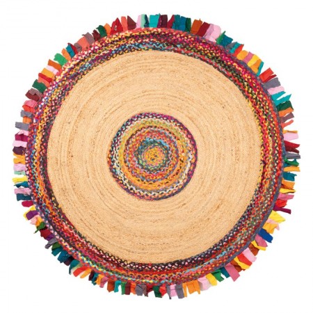 Tapete redondo de juta natural ø150 cm com franjas multicoloridas em algodão reciclado